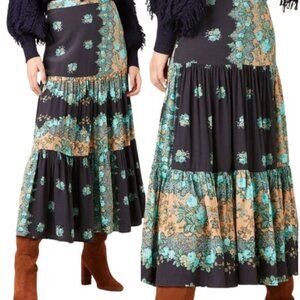 NEW Figue Camille Floral Patterned Ruffled Midi Skirt Blue Black Size: 4